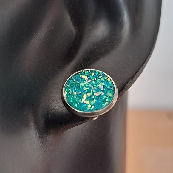 2/$17 Round Druzy Crystal Earrings Silver Blue Turquoise Sparkle Mothers - Picture 1 of 5